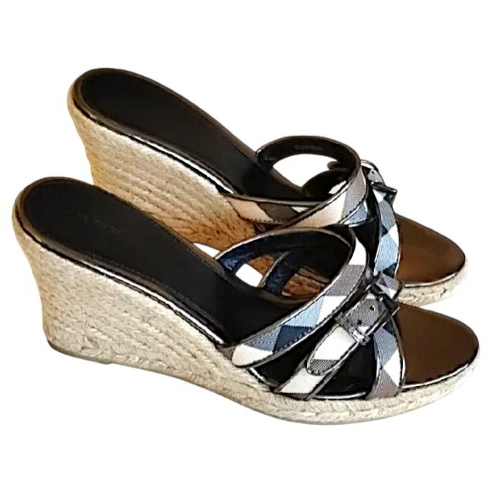 Burberry Nova Check Triple-Strap Espadrille Wedge Sandals 40 Black Tan Grey